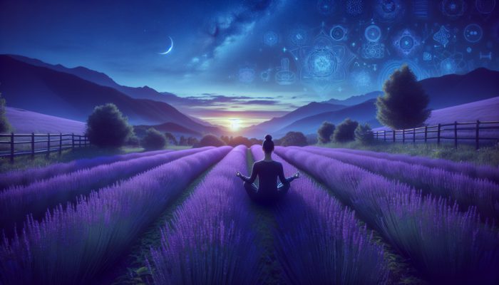 A serene garden at twilight with lavender plants and a meditating person, enveloped in tranquility.