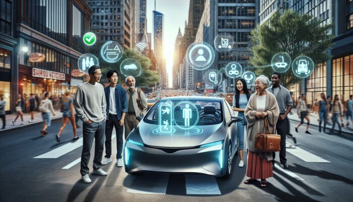 Sleek car on city street, digital display showing affordable rental rates, diverse satisfied travelers.