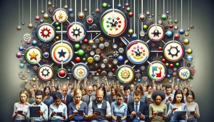 Diverse users giving feedback on digital platforms, brand managing reviews to improve content strategy and customer satisfaction.