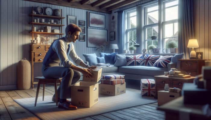 A clearance company employee packing sentimental items in a cozy UK home, symbolising care during bereavement.