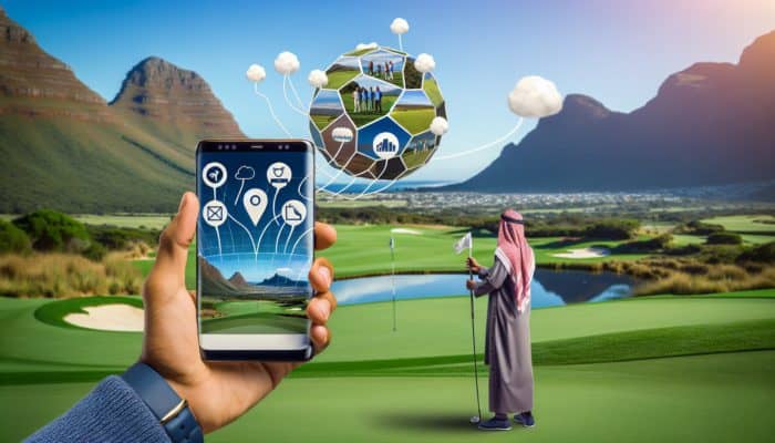 Benefits of Golf Social Media Groups: Golfer at Fancourt's 18th hole, using smartphone to connect with social media group, discovering new courses like Knysna Golf Club.