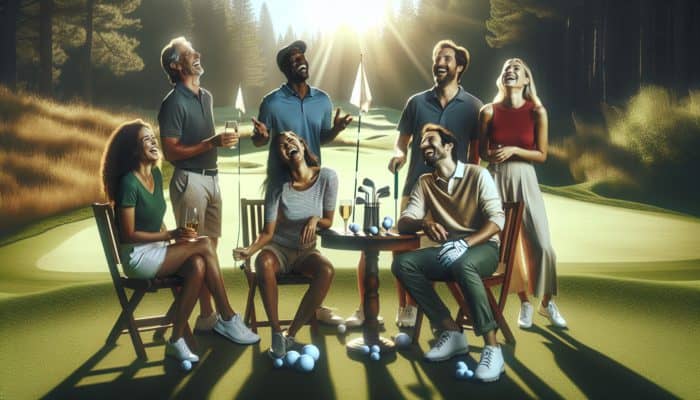 A group of friends enjoying golf and socializing on a sunny course, with social media icons.