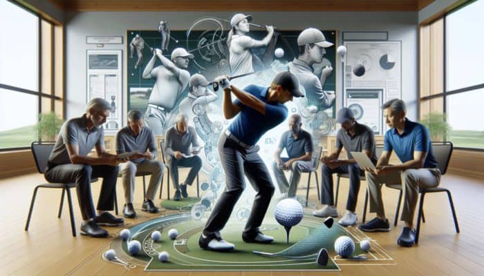 Golfer analyzing swing on laptop with group offering feedback in modern clubhouse.