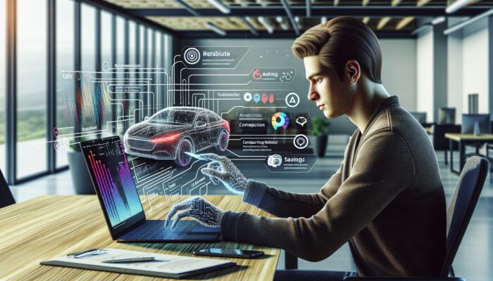 A person comparing car rental prices on a laptop with charts and graphs in a modern office.