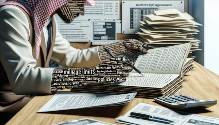 Person analyzing rental agreement, focusing on mileage, fuel policies, and fees, with calculator and brochures.