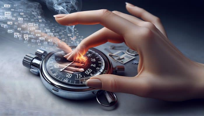 Hand adjusting digital timer settings, stopwatch at 10 minutes, grilling scene with smoke and meat.