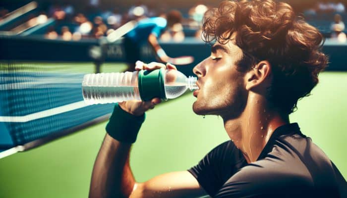 A tennis player drinking water, sweating, on a sunlit court, highlighting hydration's importance.