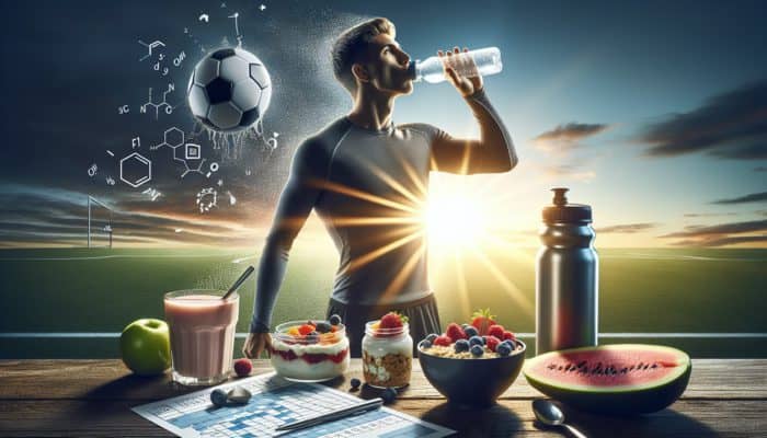 A soccer player drinking water at sunrise, with a breakfast of yogurt, smoothie, and oatmeal with fruit, prepared for a match.