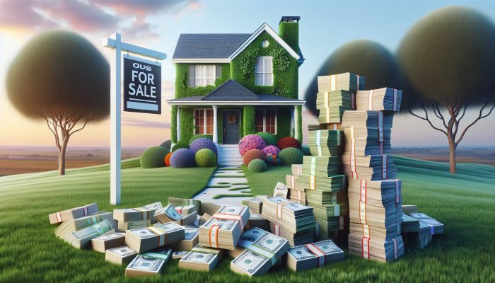 Free Debt Consolidation Loan Guides: A Comprehensive Overview | DCL A serene home with a 'For Sale' sign and a stack of bills under a clear sky, symbolizing home equity and debt consolidation.