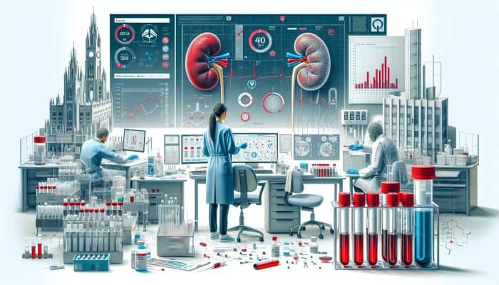 A lab technician in Smethwick analysing blood vials for kidney function, with charts and equipment.
