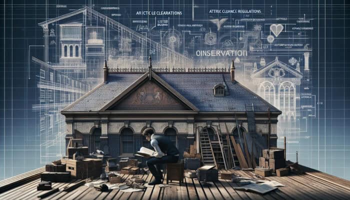 Individual examining UK legal documents surrounded by attic items, adjacent to a listed building and conservation area sign.