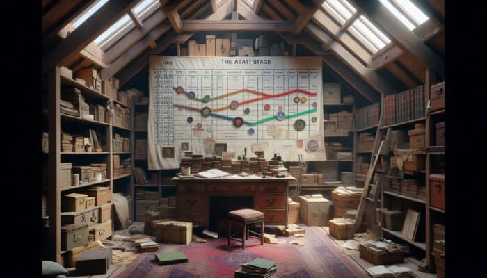 Timeline chart on desk with attic items and UK regulatory documents, displaying clearance milestones.