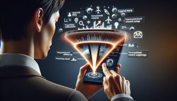 A person using a smartphone app to track loyalty points, with progress bar, notifications, and personalized travel rewards.