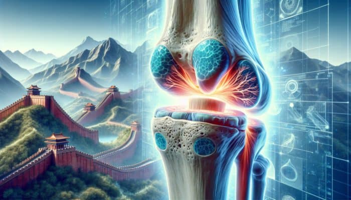 Starting with Collagen for Joints: Cross-section of a joint with collagen fibers in cartilage, tendons, ligaments, against the Great Wall and Andes.