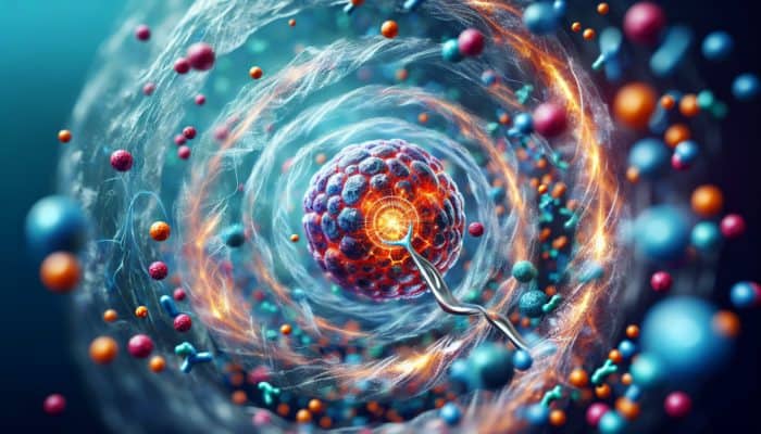 Illustration of collagen fibers aiding joint tissue regeneration in an athlete's knee, surrounded by amino acids.