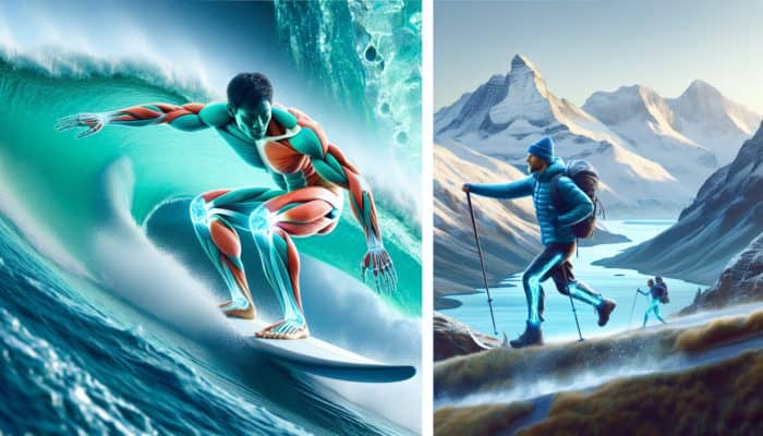 Athlete surfing in Hawaii and hiking Alps, with blue-highlighted tendons and ligaments, symbolizing Type I collagen support for joint health.