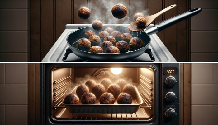 Mushroom meatballs: one batch frying to a crispy brown, another baking at 200°C for health.