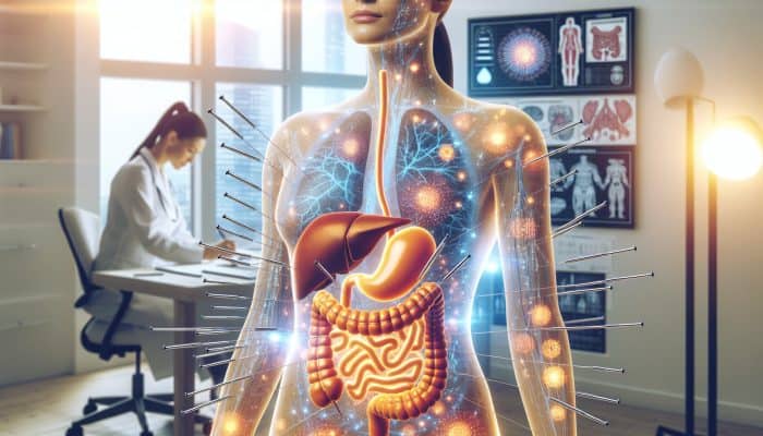 A serene acupuncture session in a modern UK clinic, enhancing nutrient absorption for digestive health.