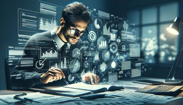 Best Resources for Finding Debt Consolidation Lenders in the UK: | DCL Person analyzing financial documents with charts, focusing on APR and fees in a modern office.