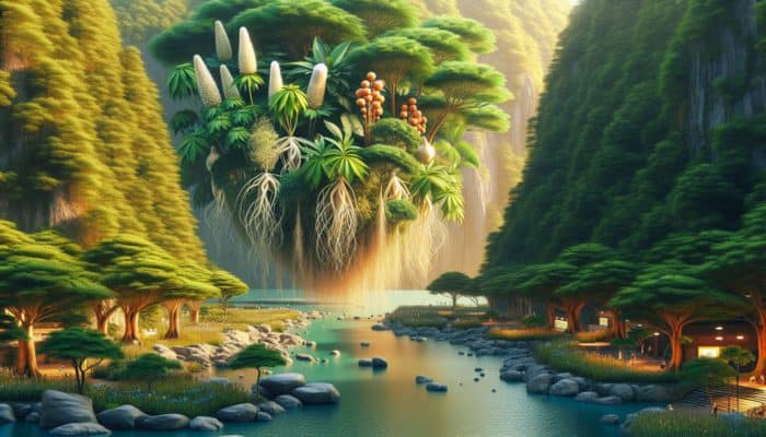 Reducing Fatigue With Adaptogens: A serene landscape with ginseng, ashwagandha, and other adaptogenic plants, contrasting urban and natural settings.