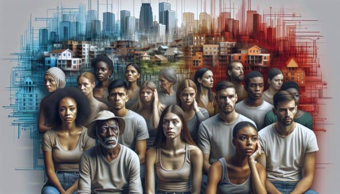 A diverse city group showing stress and calm, with socioeconomic indicators like housing and clothing.