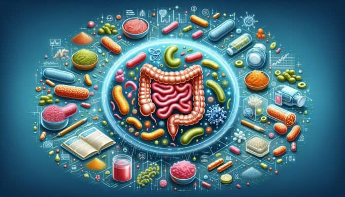Combining Probiotics With Performance: Illustration of Lactobacillus and Bifidobacterium in a healthy gut, with symbols of digestion, immunity, and well-being, and nearby fermented foods and supplements.