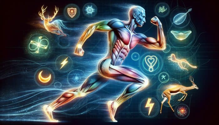 Illustration of a human body with glowing gut flora, surrounded by symbols of strength, speed, and vitality.