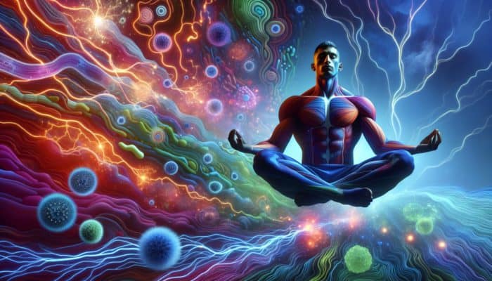 Athlete meditating in abstract gut microbiome landscape, symbolizing mental clarity via probiotics.