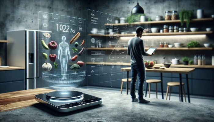 Tech for Portion Control: A modern kitchen with smart scales and a tablet showing nutritional data for portion control.