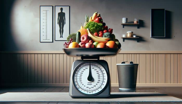 Modern kitchen scale with portion sizes, healthy foods, and chart showing waste reduction and weight management benefits in a UK home.