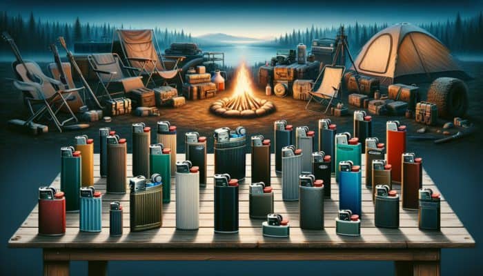 Collection of butane lighters on an outdoor table with camping gear and campfire.