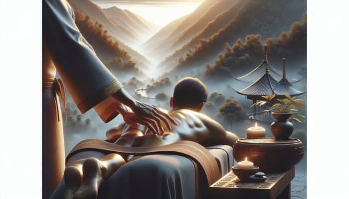 A person receiving a massage in a serene spa, illustrating relief from arthritis and back pain, enhanced circulation, and overall health benefits.