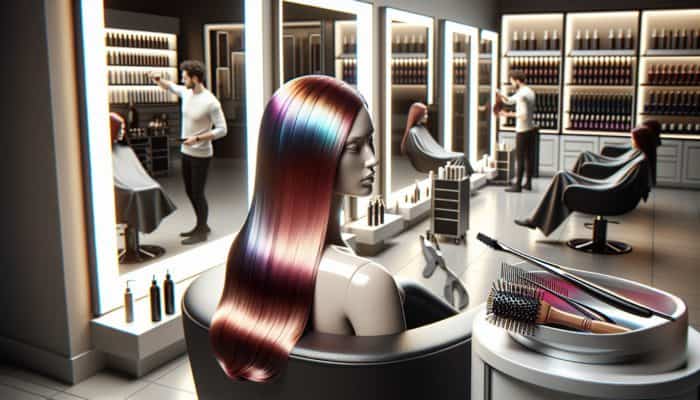 Person with vibrant, glossy hair in a modern salon, showcasing the transformative effect of hair gloss.