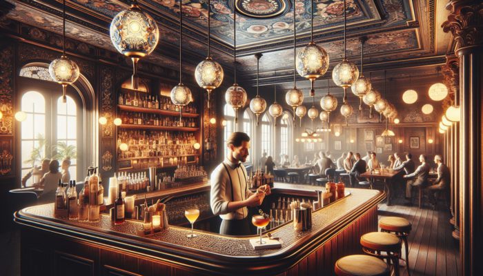 A vintage San Francisco saloon with warm lighting and ornate decor, featuring expert-crafted classic cocktails.
