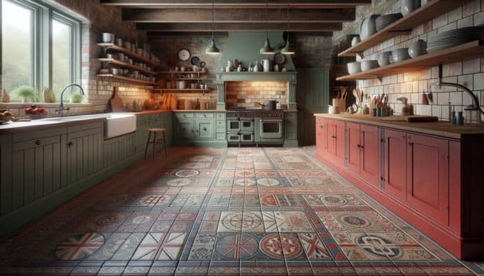 A rustic British kitchen showcasing unglazed red and grey quarry tiles on the floor, merging traditional and modern aesthetics.