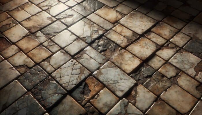 Worn quarry tiles exhibiting dullness, discolouration, cracks, and stains from steam cleaning on an old kitchen floor.