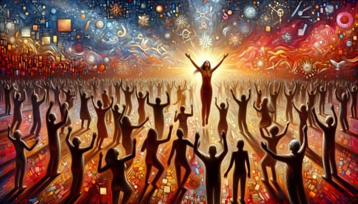 A person transformed by non-profit aid, from struggle to joy, with symbols of hope and community support.