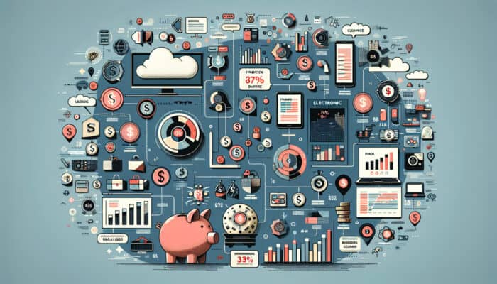 Infographic showing financial charts and graphs for electronics clearance, with focus on discounts, savings, and cost analysis.