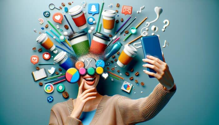 A vibrant selfie filter featuring whimsical coffee cups, logo, and colour scheme for brand recognition.