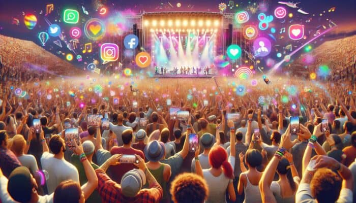 Attendees at a music festival utilizing themed AR filters for colourful, animated selfies, enhancing social media engagement.