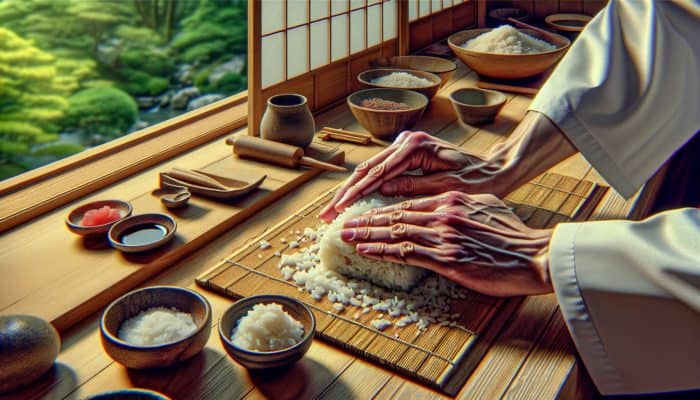 Skilled hands folding vinegar-seasoned sushi rice, with traditional tools and a serene Japanese garden in view.
