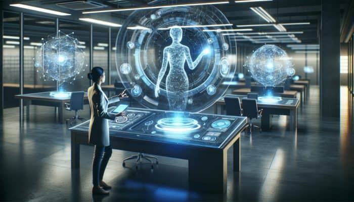 A person using a holographic screen in a modern office, surrounded by AI search assistants displaying data.
