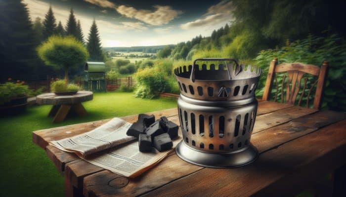 How to Use a Chimney Starter Safely: A steel chimney starter on a wooden table in a backyard, with newspaper and charcoal, surrounded by greenery and distant state park views.