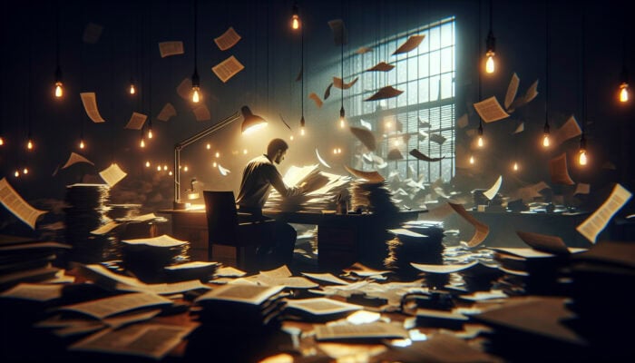 Person studying legal document in dimly lit room, surrounded by papers, symbolizing contract complexity.
