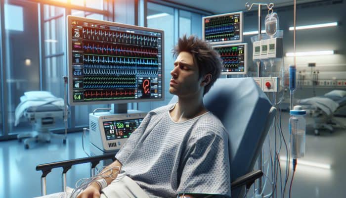 Individual in a clinical setting discussing potential side effects of caffeine supplements, such as insomnia and jitteriness.