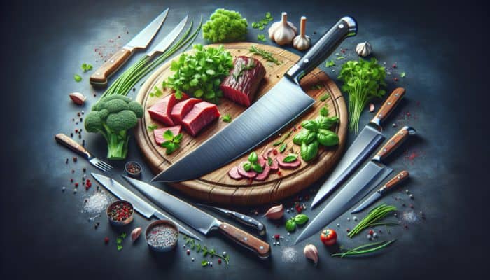 A chef's knife slicing herbs and meat on a wooden board, surrounded by various kitchen knives.