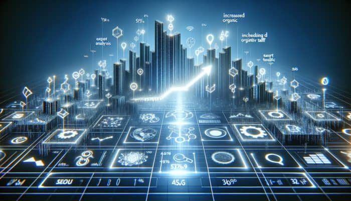 A futuristic digital landscape with a rising graph, expert analysis tools, and a glowing path symbolizing SEO growth and competitive edge.