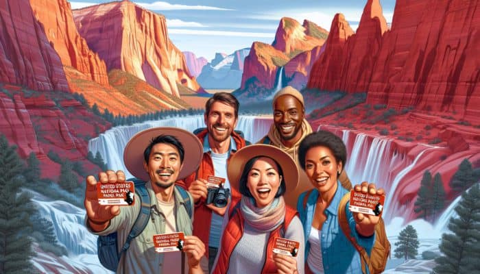 Diverse group exploring U.S. national parks with annual passes, enjoying nature's beauty.