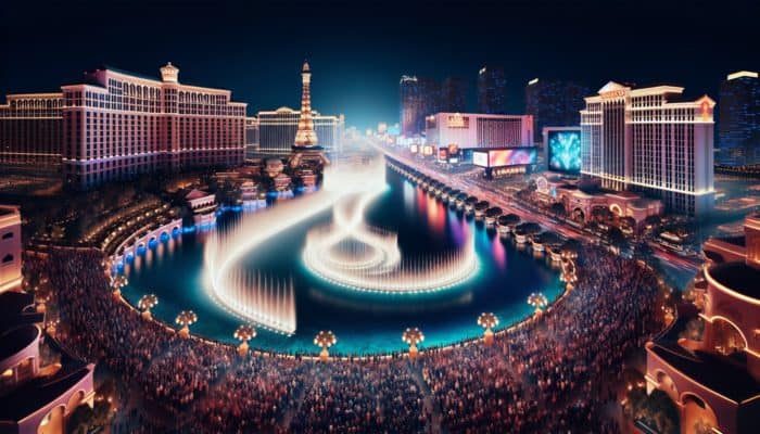 How to Enjoy Vegas Entertainment on a Budget: Bellagio Fountains performing a spectacular water dance at night on the Las Vegas Strip.