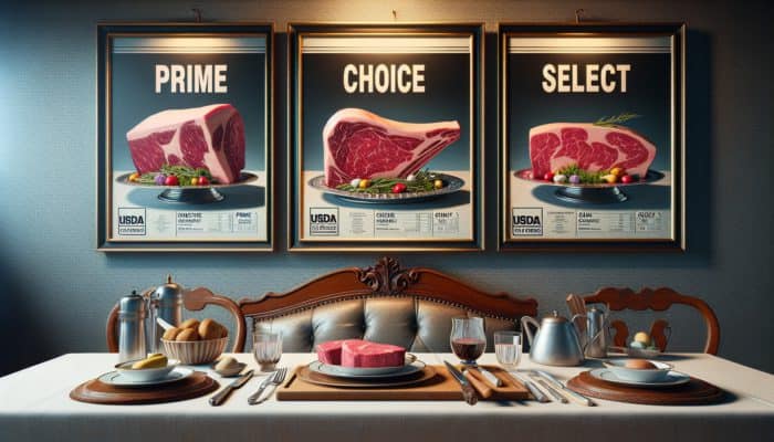How to Buy Quality Meat on a Budget: Comparison of USDA meat grades: Prime on a luxurious table, Choice on a kitchen counter, Select in a budget setting.